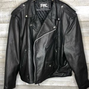 FMC 100% leather black motorcycle heavy duty riding jacket. Lost 60lbs.